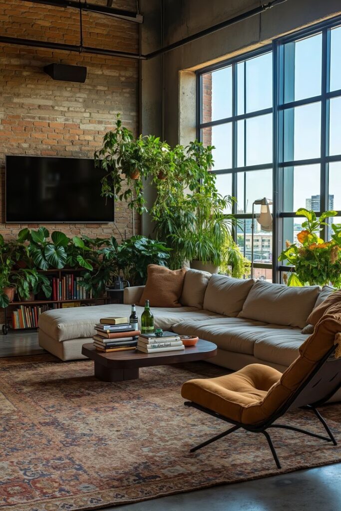 Stylish loft living room with large windows, cozy sofa, lush plants, and a rustic brick accent wall.