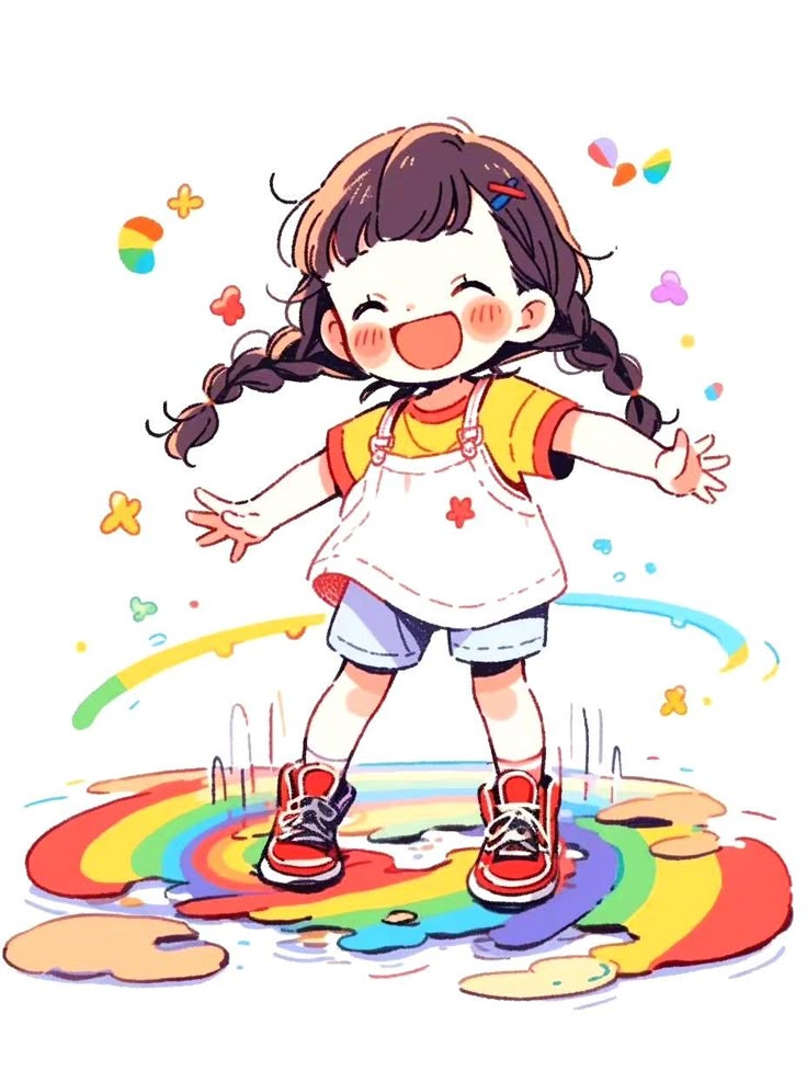 Illustration of a joyful child in overalls splashing in a colorful rainbow puddle, surrounded by butterflies.