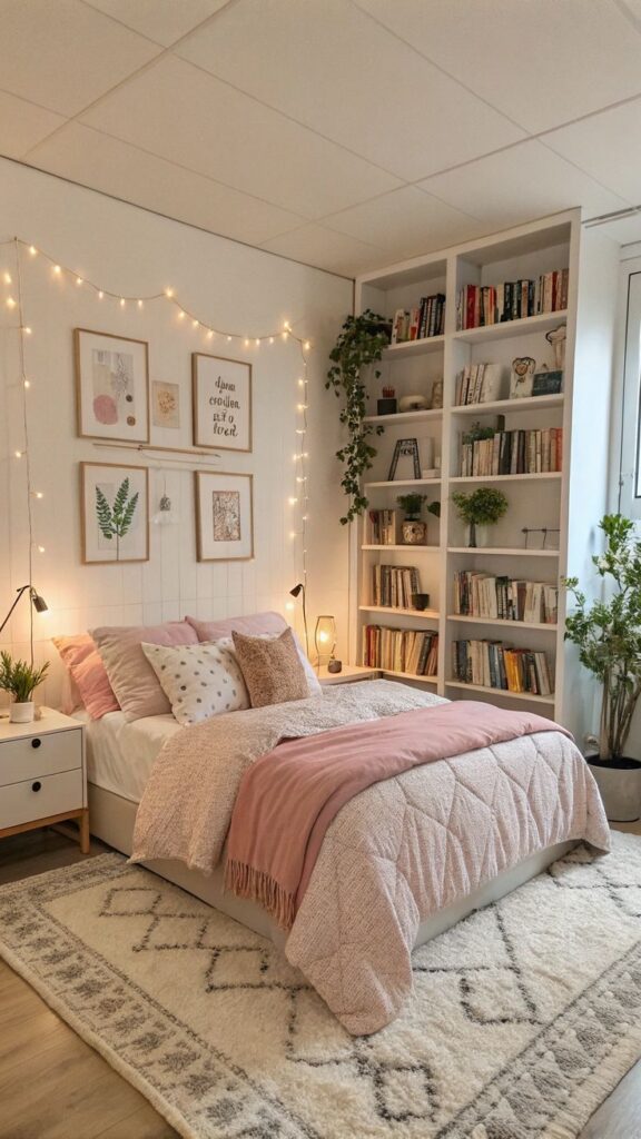 Cozy bedroom with pink and white decor, string lights, framed art, and a bookshelf filled with books and plants.