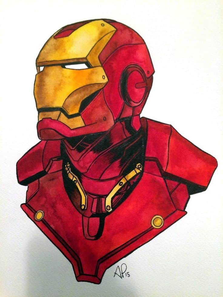 Watercolor illustration of a red and gold armored superhero helmet, facing left. Retro art style.
