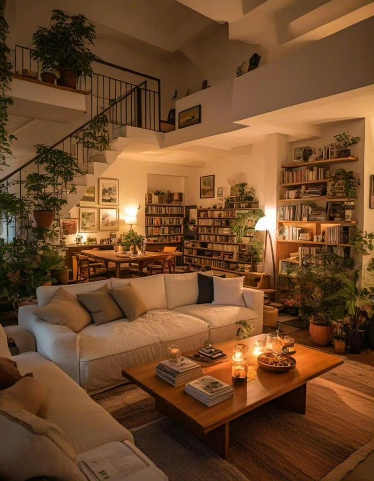 Cozy living room with soft lighting, bookshelves, white sofas, and plants. Warm, inviting atmosphere for relaxation.