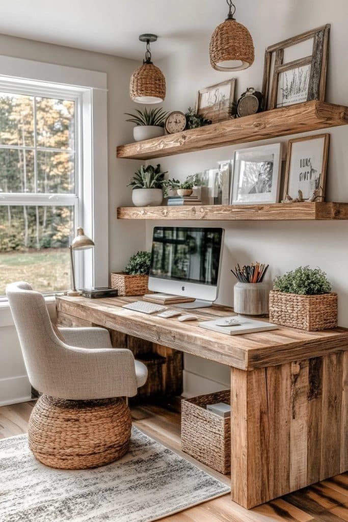 Cozy home office with wooden desk, wicker accents, plants, and computer by a window, creating a natural and inviting workspace.
