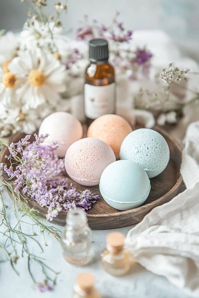 Pastel bath bombs and essential oils on a wooden tray with fresh flowers, creating a relaxing spa ambiance.