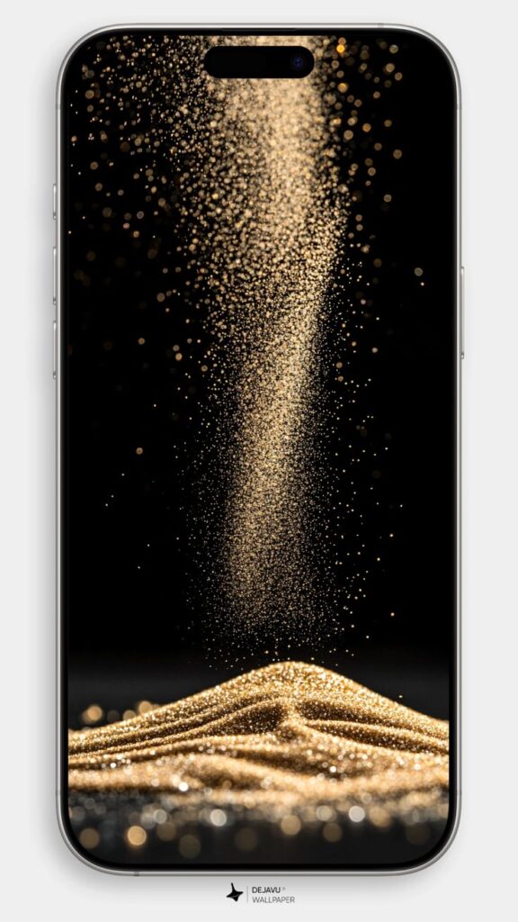 8K Minimal Sand Particle Wallpapers_ Mysterious Menacing Aesthetics for iPhone Android - Dejavu Wallpaper Golden sand grains captured against a black background on a smartphone screen, creating an elegant wallpaper effect. | Sky Rye Design Golden sand grains captured against a black background on a smartphone screen, creating an elegant wallpaper effect.