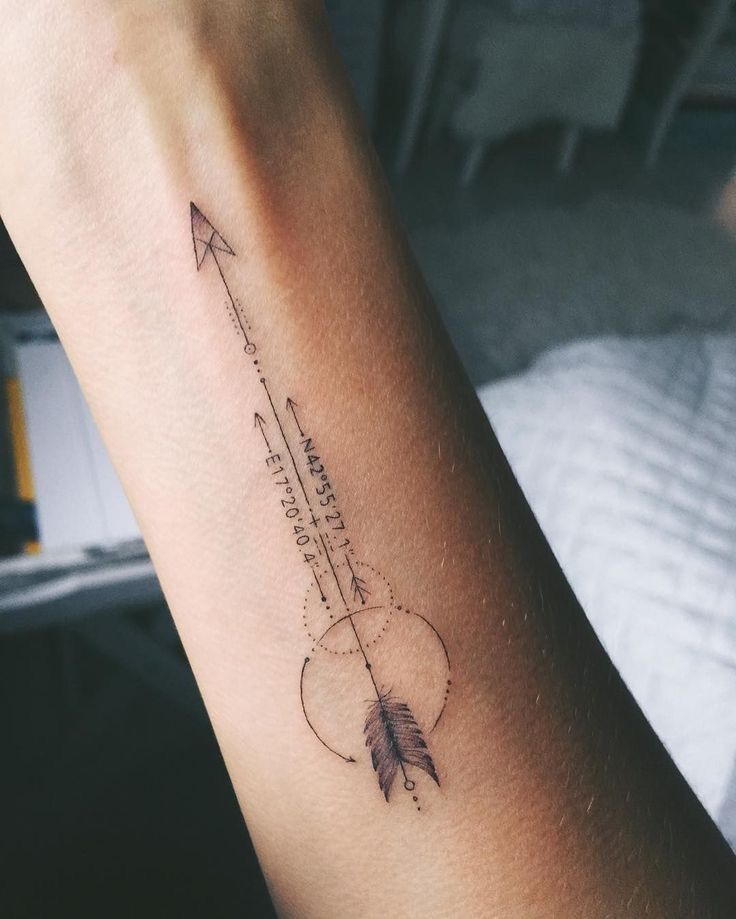 Minimalistic arrow tattoo with geometric and compass design on the forearm, featuring coordinates.