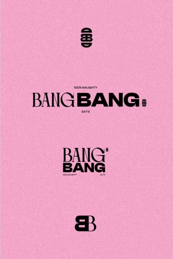 Bang Bang Eats logo with 100% Naughty slogan on pink background. Bold black text and stylized letter B design.