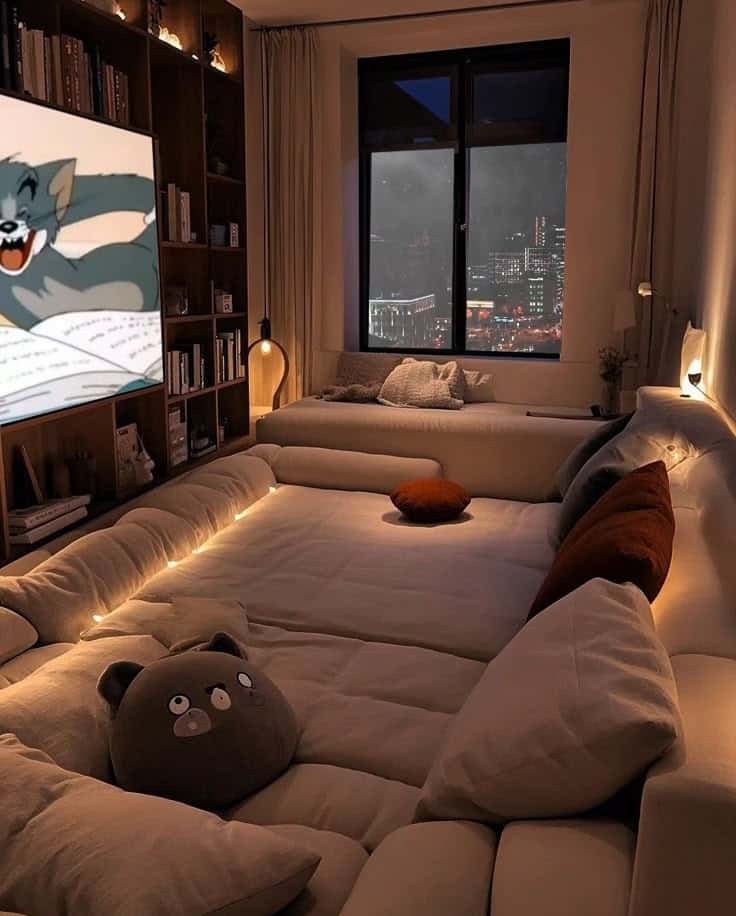Cozy living room with plush seating, city view, soft lighting, and animated show on TV screen creating a warm atmosphere.
