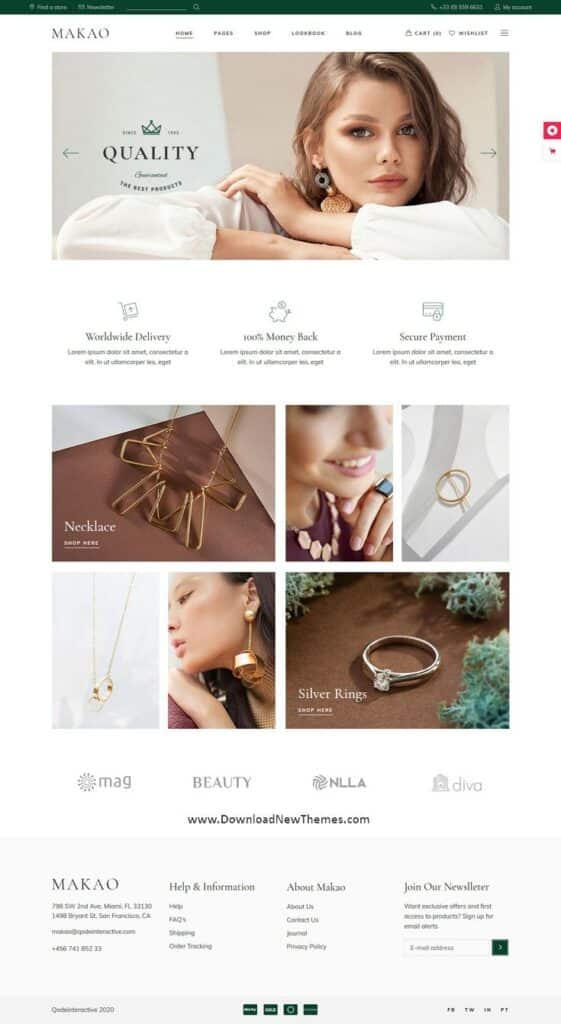 Makao jewelry website showcasing necklaces, earrings, and rings with options for worldwide delivery and secure payment.