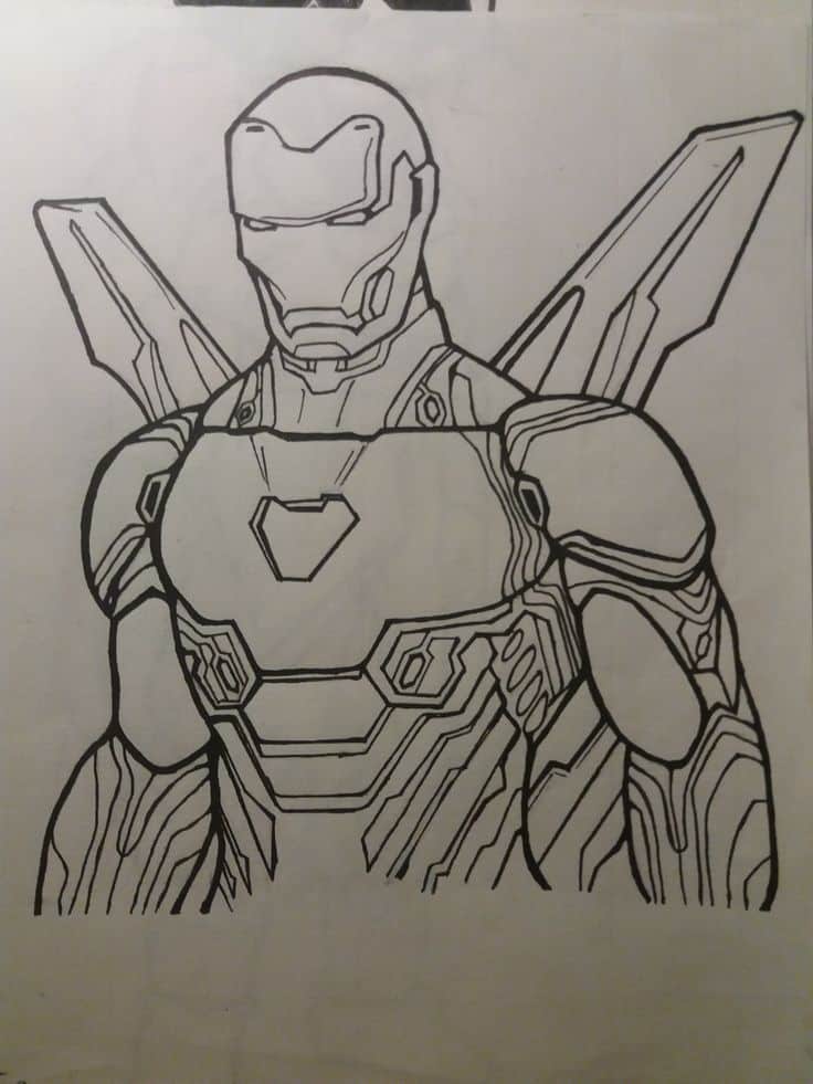 Outline drawing of a futuristic armored figure with angular features and intricate patterns on the chest and arms.