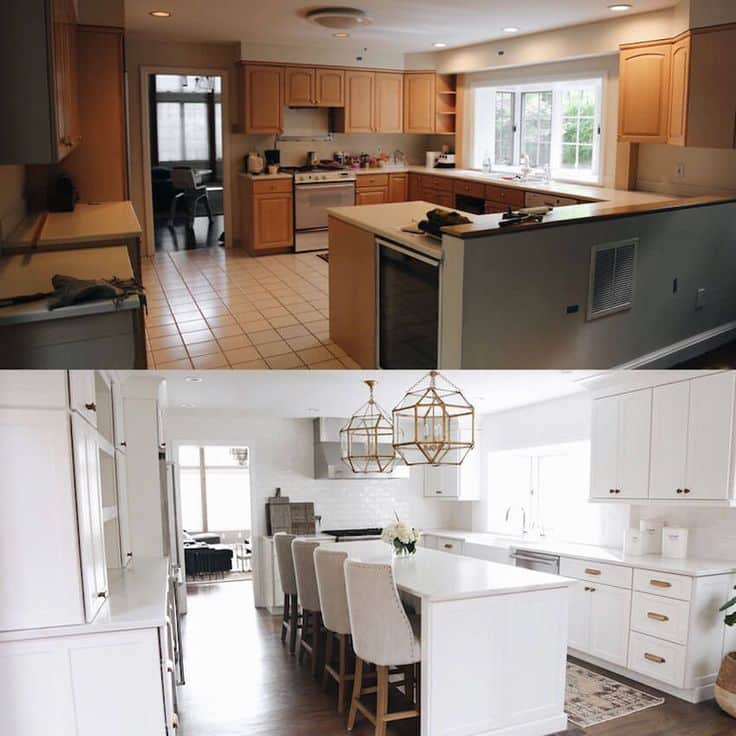 8k kitchen remodel Kitchen remodel before and after: outdated style to modern, bright, and open design with white cabinets and island. | Sky Rye Design Kitchen remodel before and after: outdated style to modern, bright, and open design with white cabinets and island.