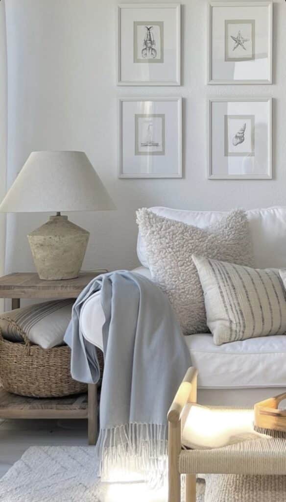 Cozy living room with white sofa, neutral cushions, framed wall art, and a stylish table lamp.