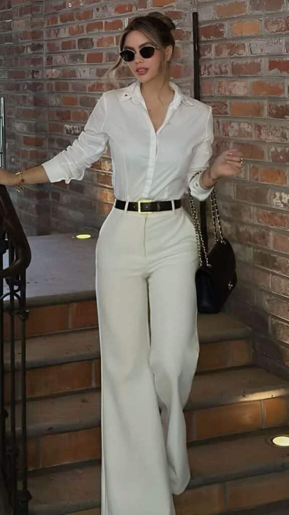 Stylish woman in white outfit with sunglasses, posing on a staircase against a brick wall.
