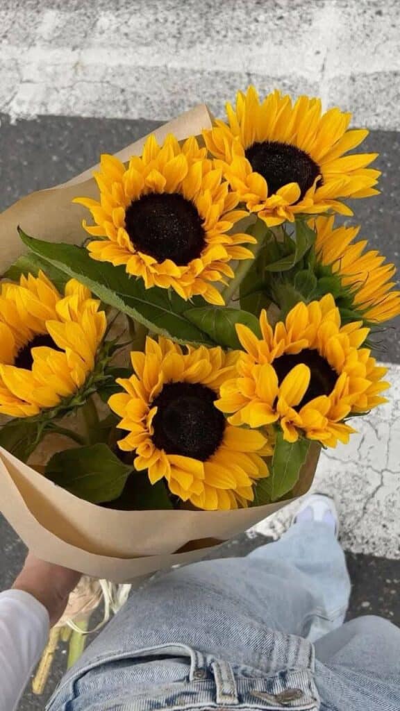 Bouquet of vibrant sunflowers held against a street background, wrapped in brown paper. Perfect summer imagery.