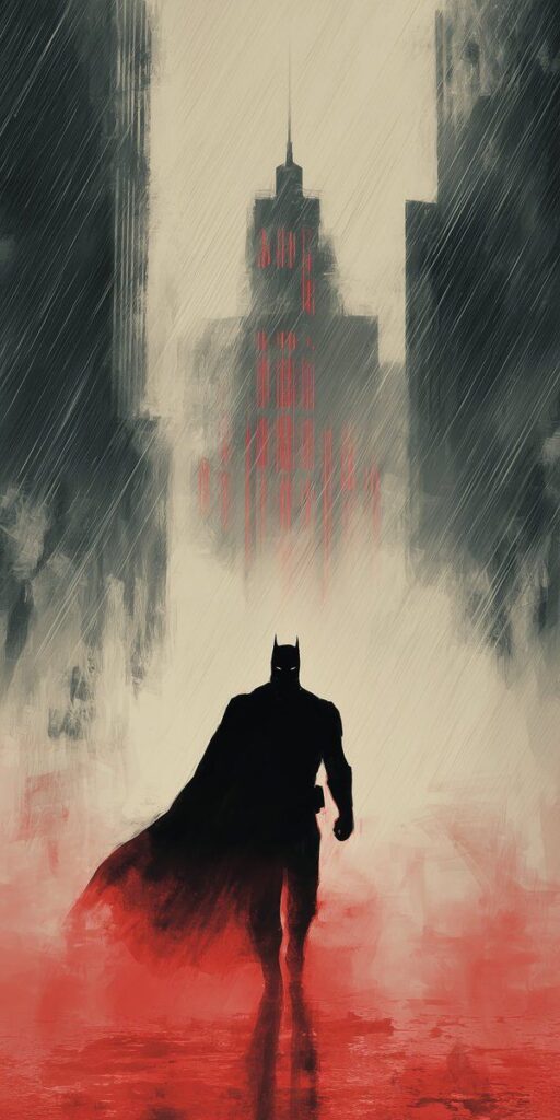 Silhouette of a caped hero in front of a cityscape with rain, dramatic red and black tones.