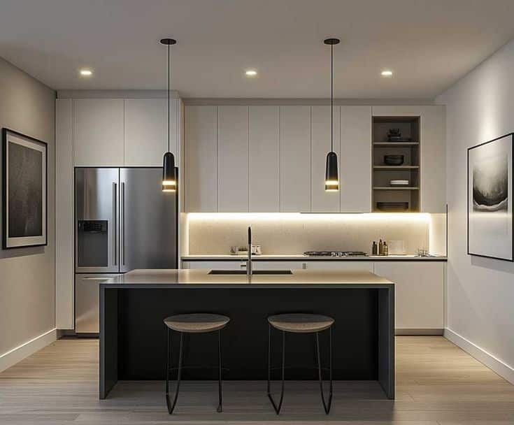 9+ Sleek Small Kitchen Island Ideas in Matte Black for Modern Appeal ArtFasad Modern kitchen with island, pendant lights, stainless steel fridge, and minimalist decor. Elegant and spacious design. | Sky Rye Design Modern kitchen with island, pendant lights, stainless steel fridge, and minimalist decor. Elegant and spacious design.