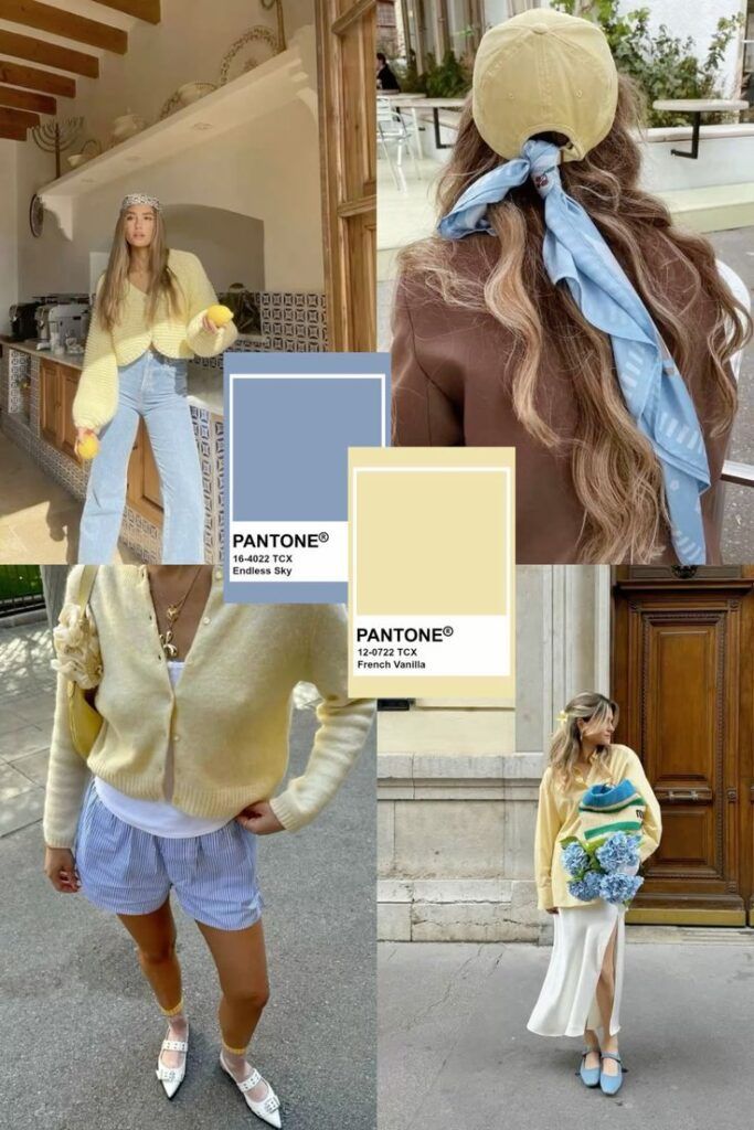 Fashion collage featuring pastel outfits and Pantone shades Endless Sky and French Vanilla for spring style inspiration.