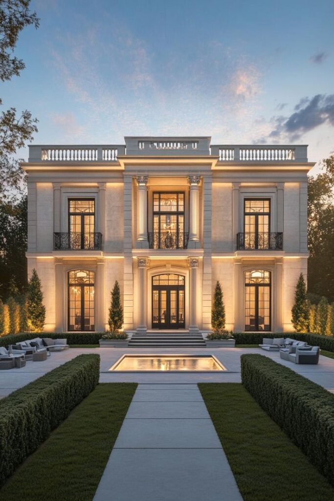 Elegant mansion with illuminated facade at sunset, featuring a manicured garden and stylish outdoor seating.