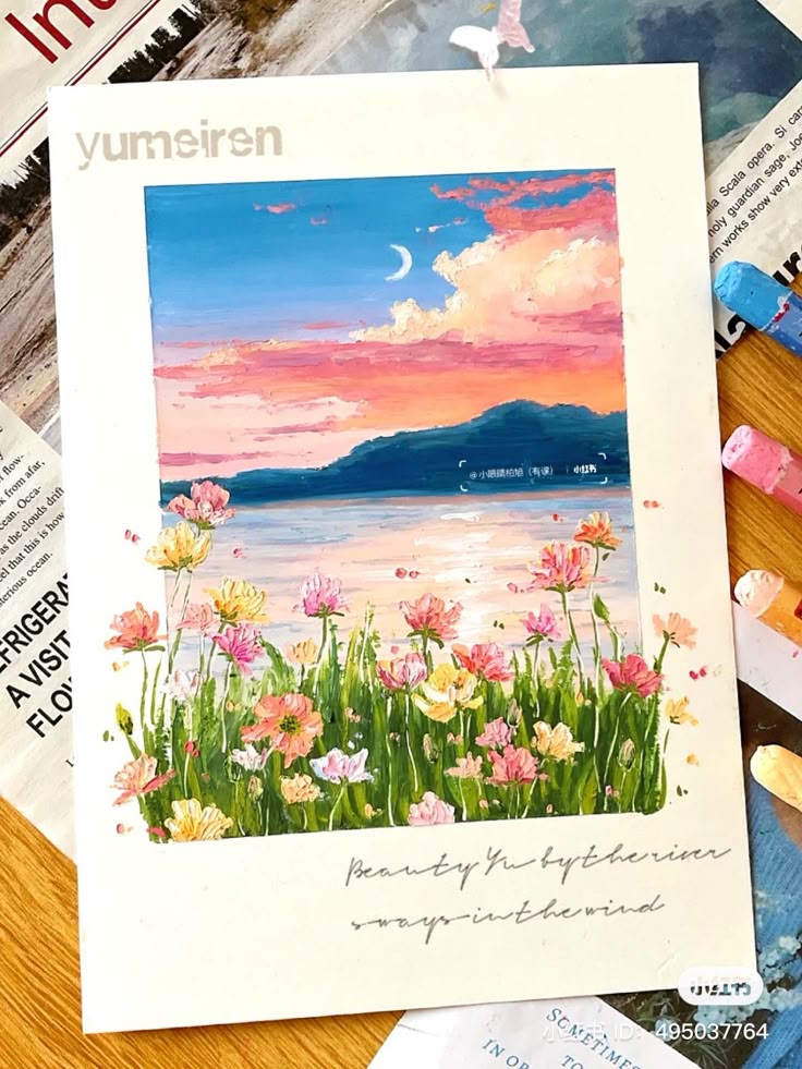 Colorful sunset landscape painting with wildflowers and crescent moon over a serene lake, titled Beauty by the River.