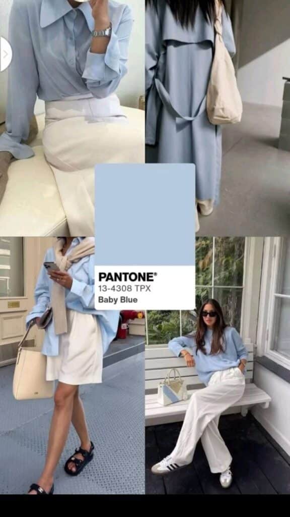 Fashion collage showcasing outfits in Pantone Baby Blue 13-4308, featuring chic styles and modern elegance.