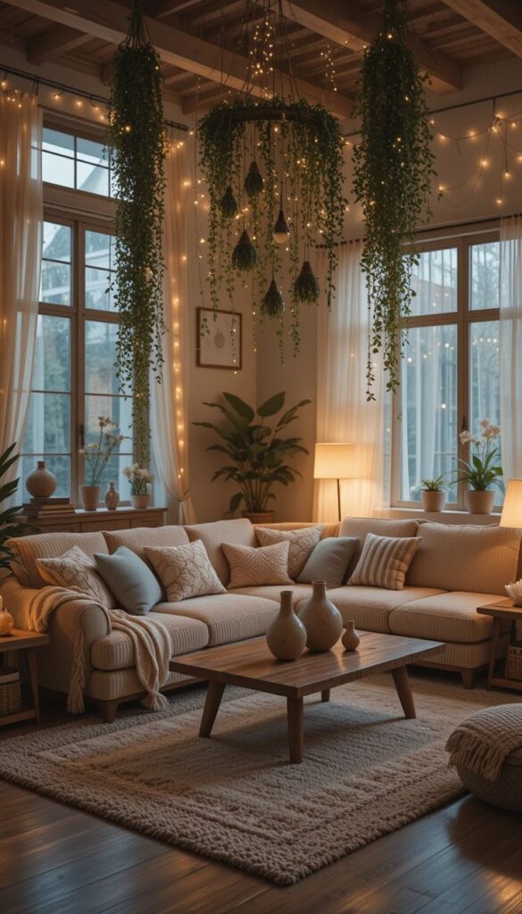 Cozy living room with a beige sofa, hanging plants, and warm fairy lights creating a relaxing ambiance.