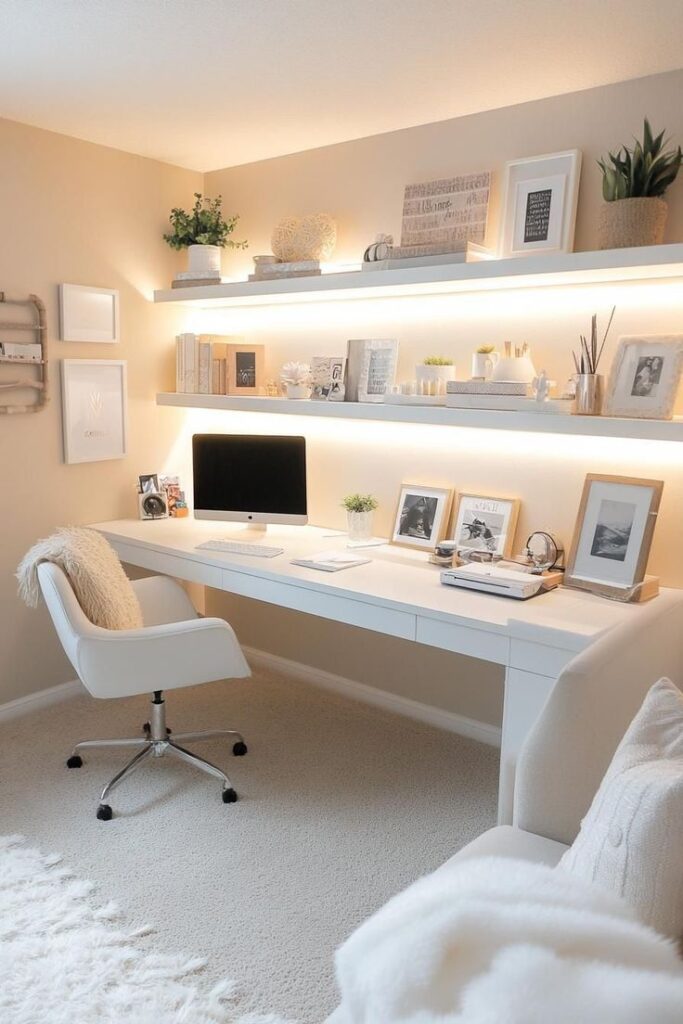 Stylish home office with white desk, shelves, modern decor, and cozy chair. Ideal workspace for productivity and inspiration.