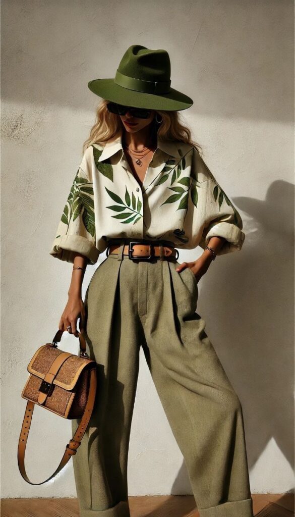 Fashionable woman in a green hat and floral shirt, holding a tan handbag. Stylish outfit with olive trousers.