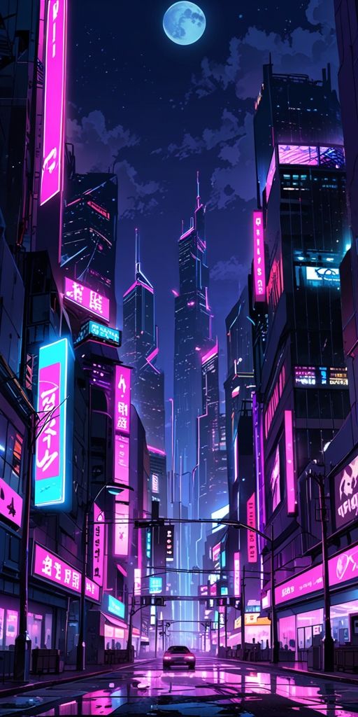 Futuristic cyberpunk cityscape at night with neon lights, towering skyscrapers, and a glowing full moon in the sky.