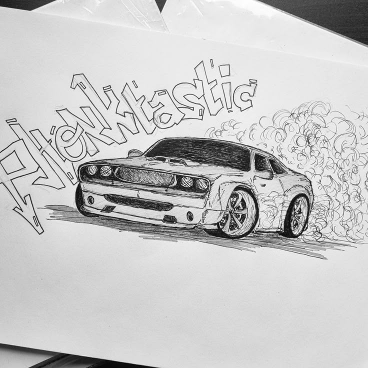 Sketch of a sports car with tire smoke and graffiti-style Phunktastic text in the background.