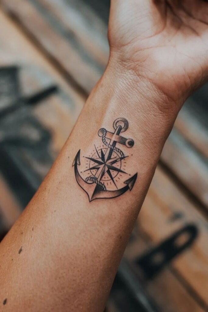 95e86cdf4f25d00c7eb3d1bf7808b7cd Anchor and compass tattoo on forearm, symbolizing guidance and stability. | Sky Rye Design Anchor and compass tattoo on forearm, symbolizing guidance and stability.