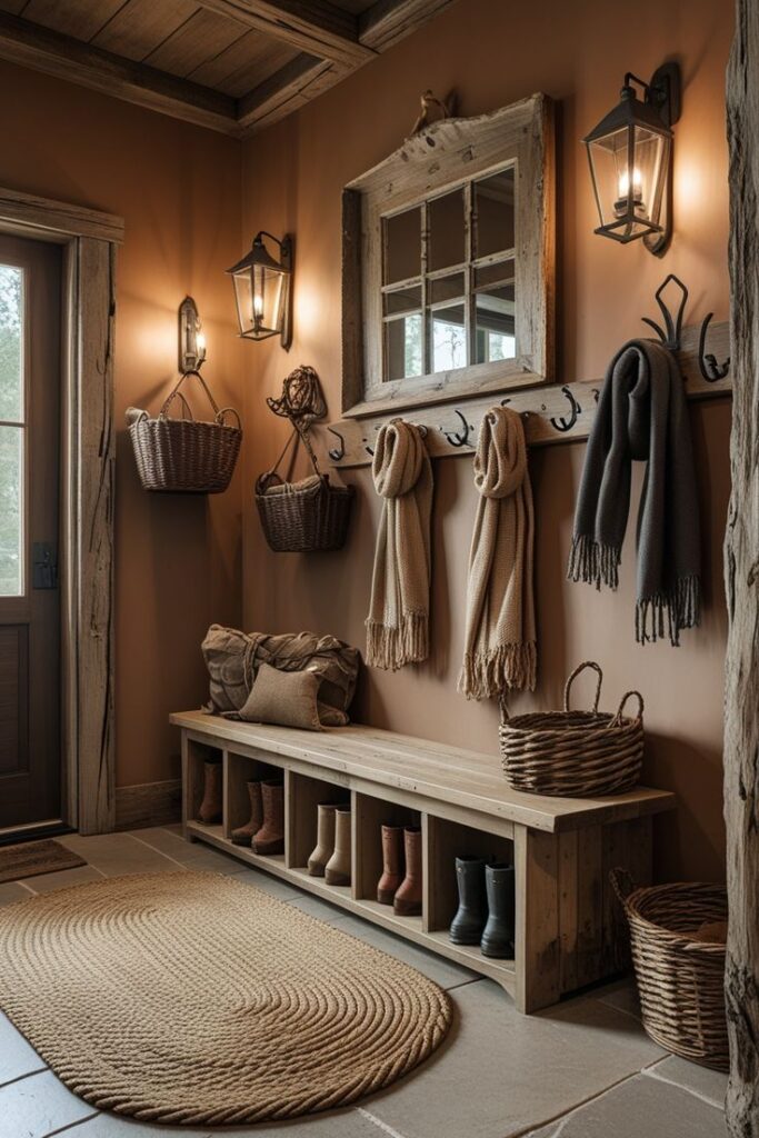 Rustic mudroom with beige walls, wooden bench, cozy scarves, baskets, boots, and wall sconces for a warm, welcoming entryway.