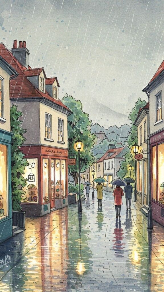 97 Drawing Prompts For When You Really Have No Ideas Quaint rainy street scene with people carrying umbrellas, reflections on wet pavement, and cozy lit shops. | Sky Rye Design Quaint rainy street scene with people carrying umbrellas, reflections on wet pavement, and cozy lit shops.