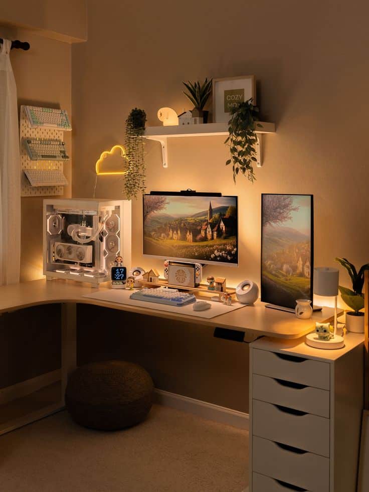 Cozy home office with dual monitors, white computer, and warm lighting for a comfortable work atmosphere.