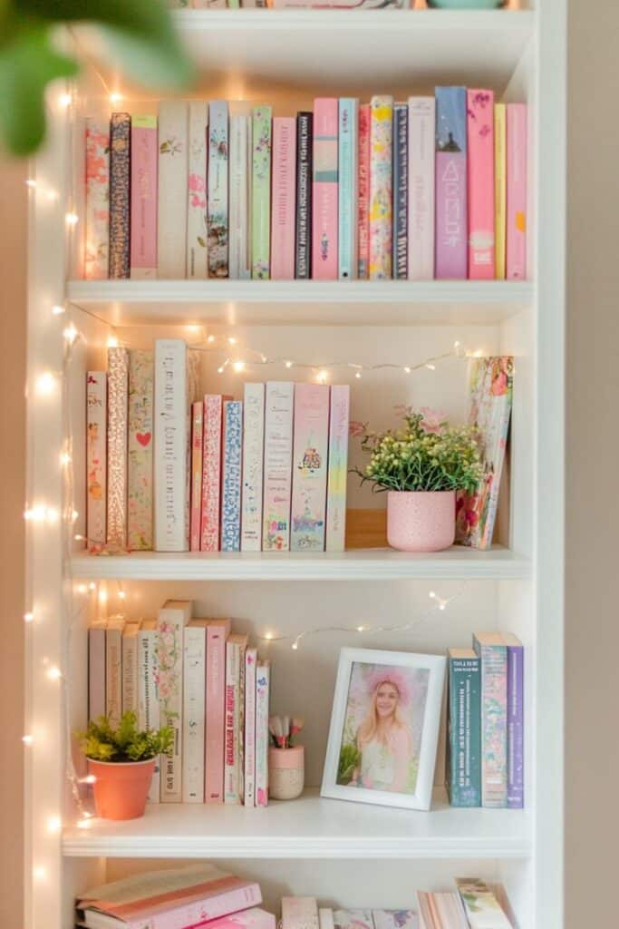 Cozy bookshelf with pastel-colored books, fairy lights, small plants, and a framed photo on white shelves.