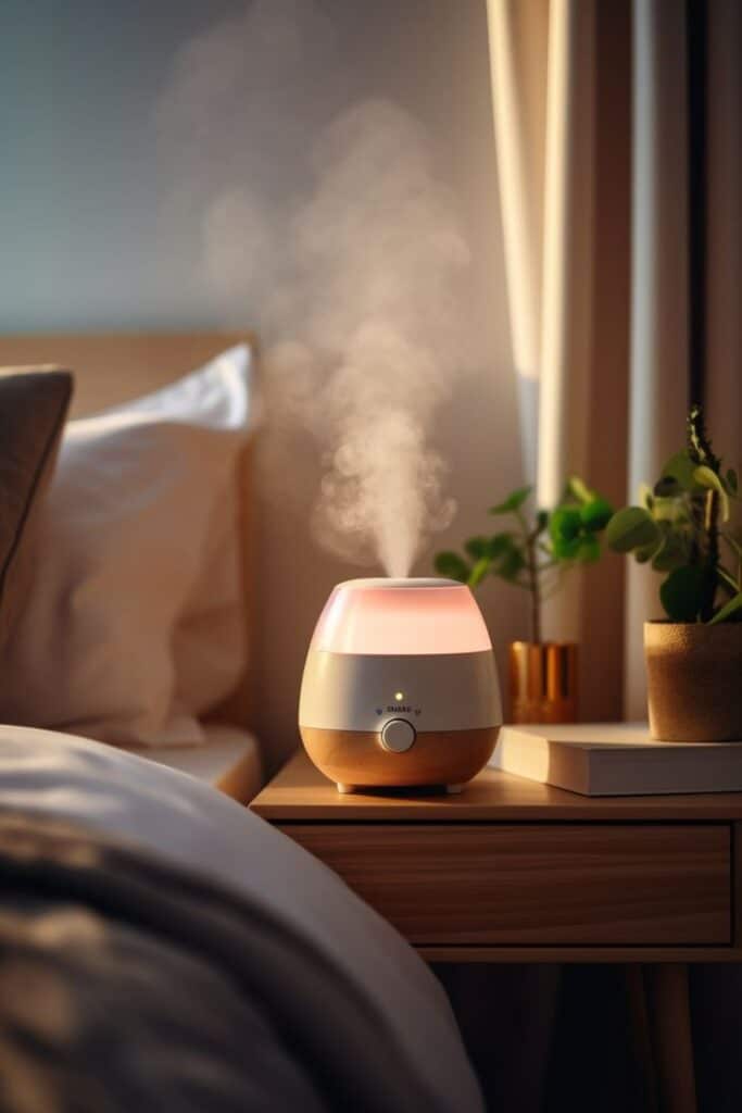 Aromatherapy diffuser emitting mist on a nightstand in a cozy bedroom setting with soft lighting and plants.