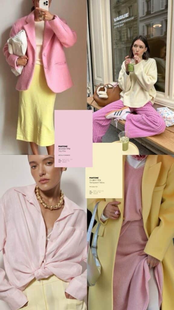 Fashion collage featuring pastel pink and yellow outfits, including blazers and skirts, with Pantone color swatches.