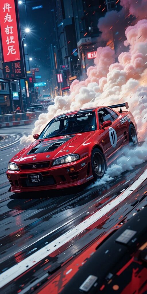 Red sports car drifting in a neon-lit city street, leaving a trail of smoke and excitement.