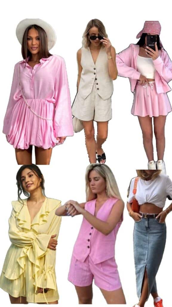 Fashionable women's outfits featuring pastel dresses, blazers, skirts, and accessories in diverse styles and colors.