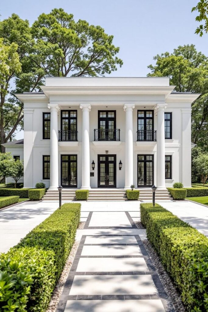 Elegant white mansion with columns, surrounded by manicured hedges and trees, showcasing classic architectural style.