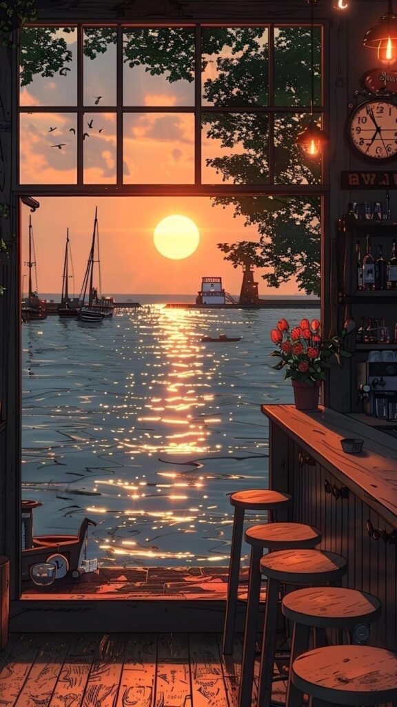 Cozy bar interior with stools overlooking sunset on a lake, boats, and trees through large window.