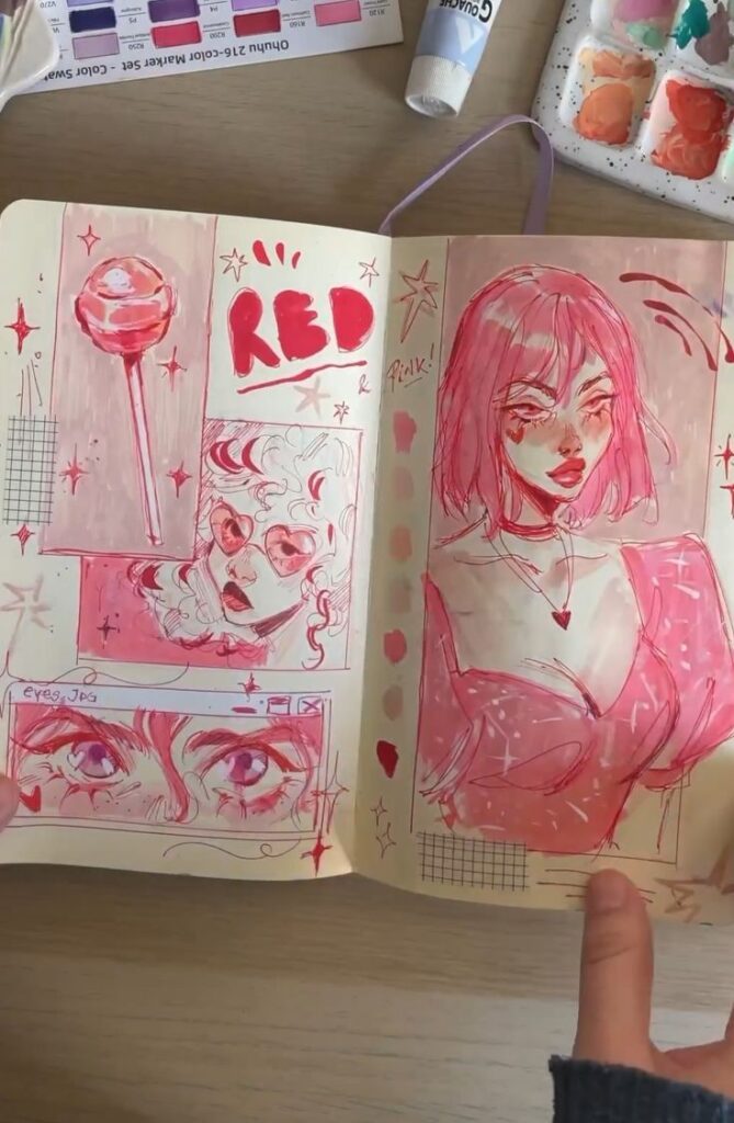 Sketchbook pages with red and pink sketches, featuring eyes, a girl, and a lollipop.