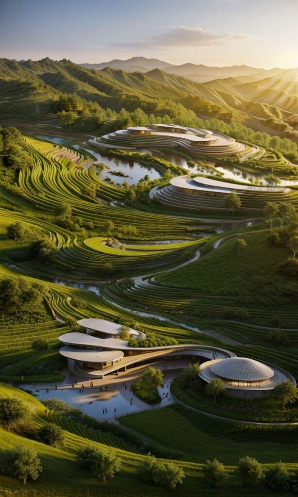 Futuristic buildings nestled in lush green terraced hills with sunlight streaming over the landscape.