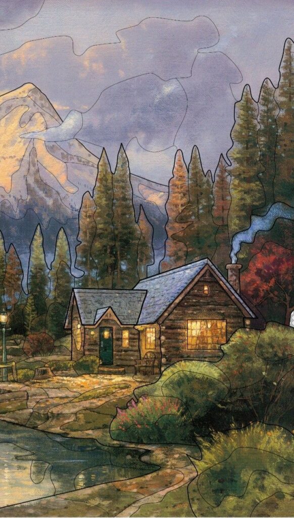 Cozy cabin in a forest with mountains in the background, warm lights and a serene atmosphere at dusk.