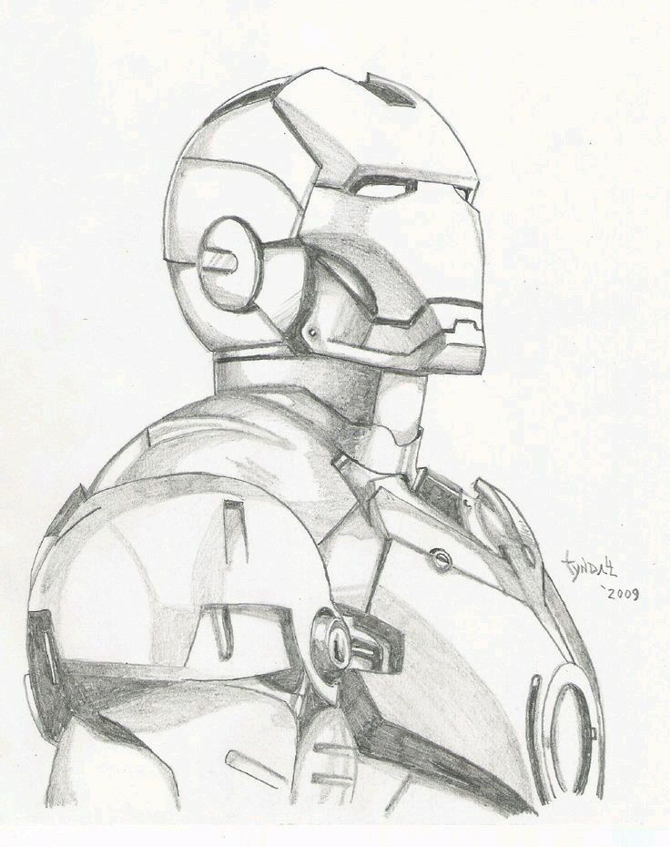 Pencil sketch of a futuristic armored helmet and torso in profile view.