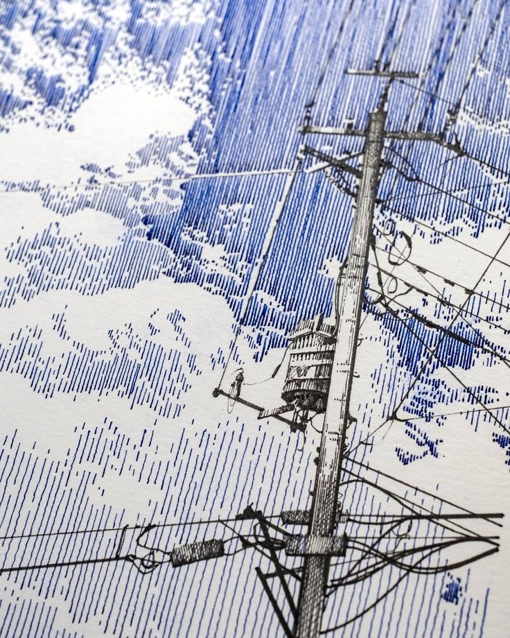 Illustration of a utility pole with power lines against a cloudy sky, featuring detailed line work and shading.