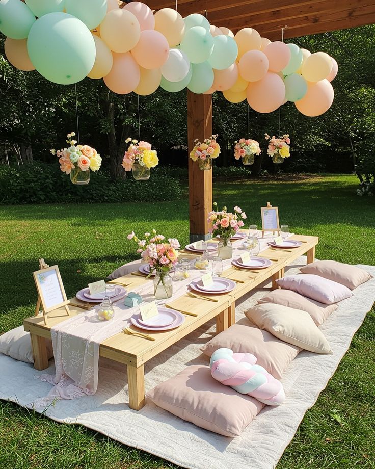 Outdoor picnic setup with pastel balloons, flowers, and cushioned seating around a wooden table.