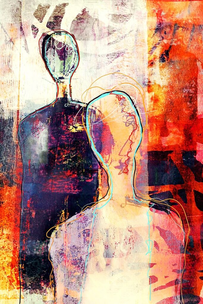 Abstract art of two human figures with vibrant red, orange, and white textures.
