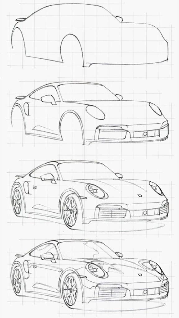 Sequential car sketches showing design evolution on a grid background.