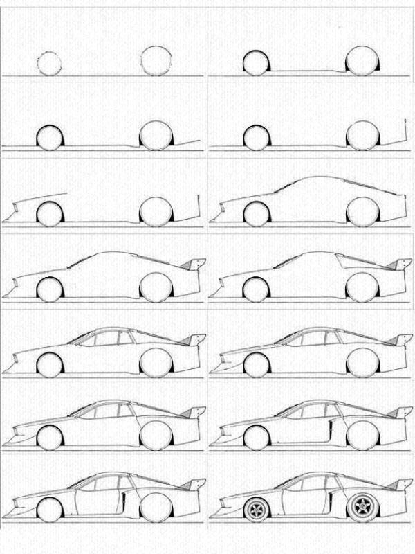 Step-by-step car drawing tutorial showing the progression from basic shapes to a detailed sports car sketch.