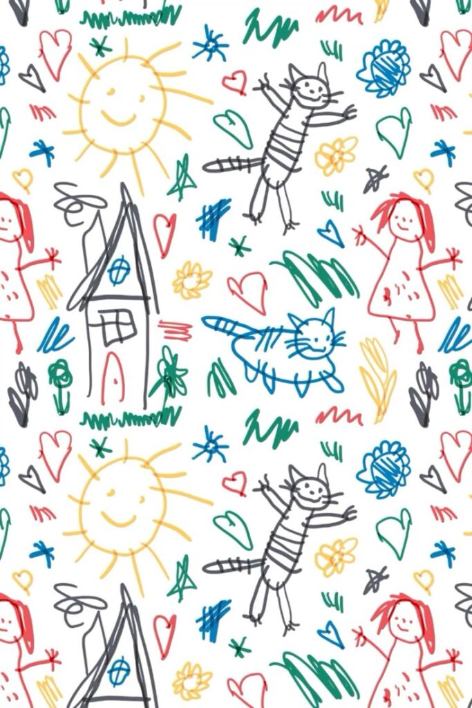 Child's colorful drawing with sun, flowers, cats, hearts, and smiling stick figures. Playful doodle art pattern.