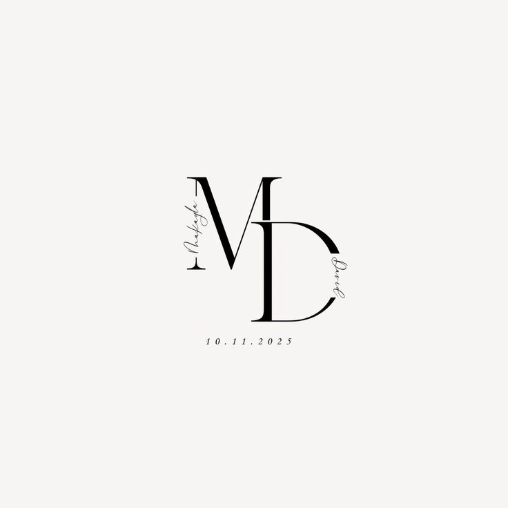 Elegant wedding monogram with initials M and D, date 10.11.2025, neutral background. Minimalist design.